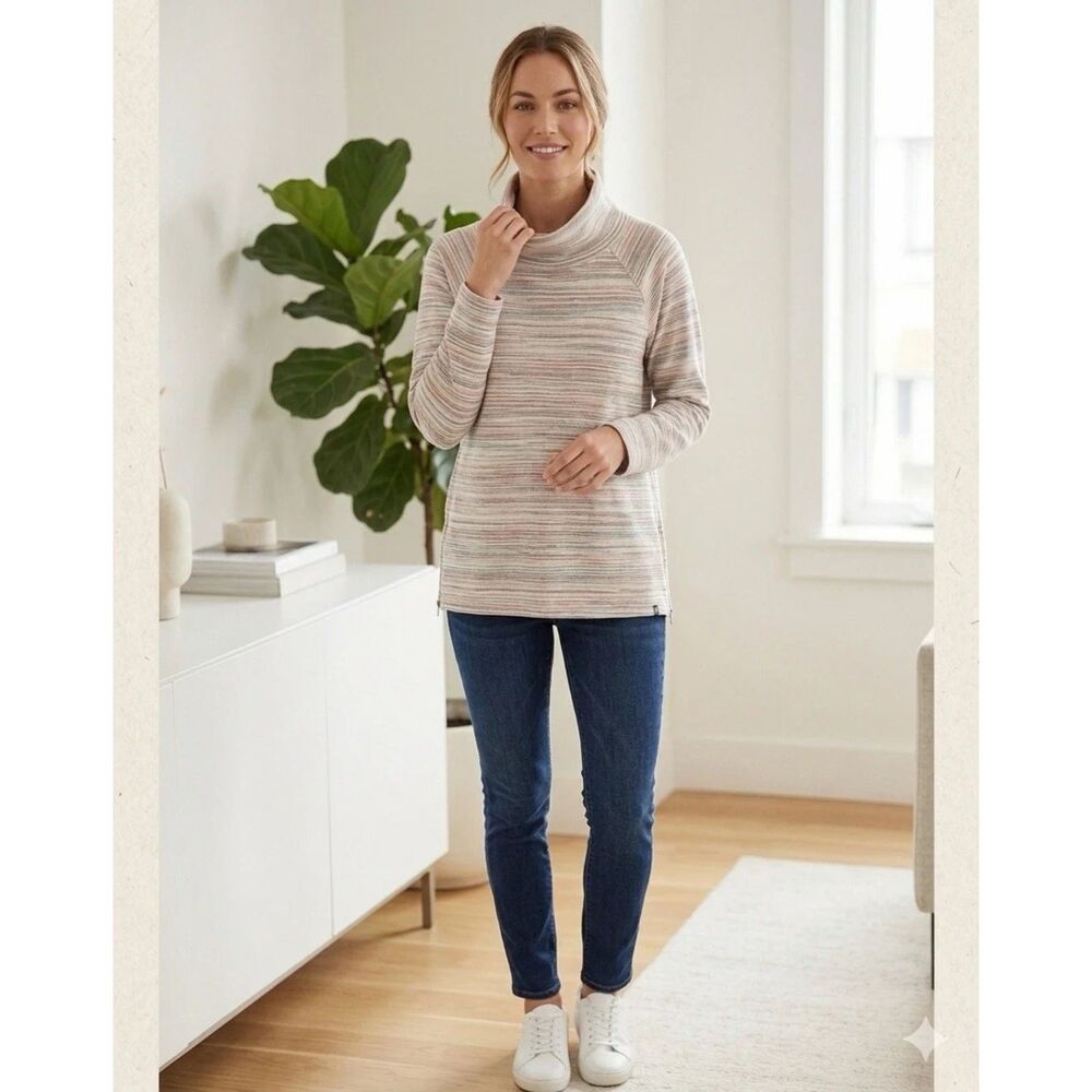 T By Talbots Top Womens 1X Striped Pullover Mock Neck Side Zip Detail Sweatshirt